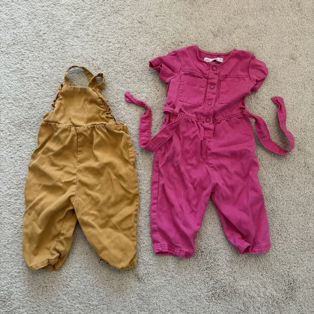 Lot of 2 12-18M Zara romper one-piece pink brown cotton button short sleeve